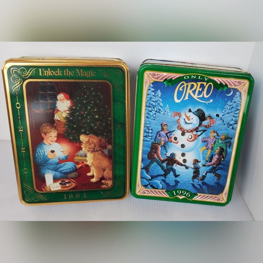 VTG Christmas Tin Box Only Oreo Cookie 1996 Snowman 1994 Santa Holiday Lot Of 2